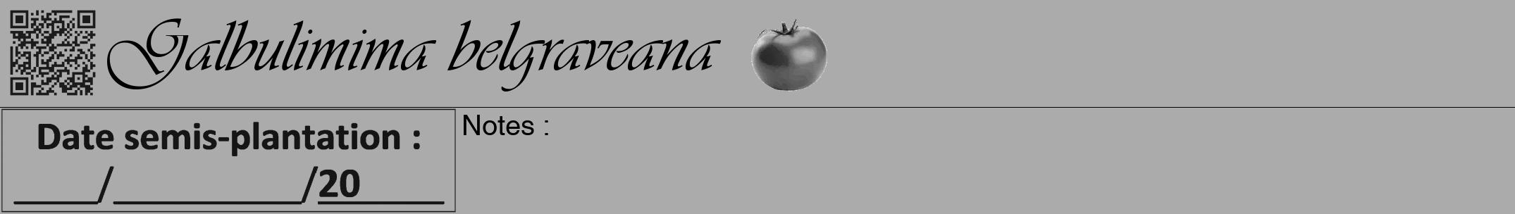 Étiquette de : Galbulimima belgraveana - format a - style noire37viv avec qrcode et comestibilité simplifiée
