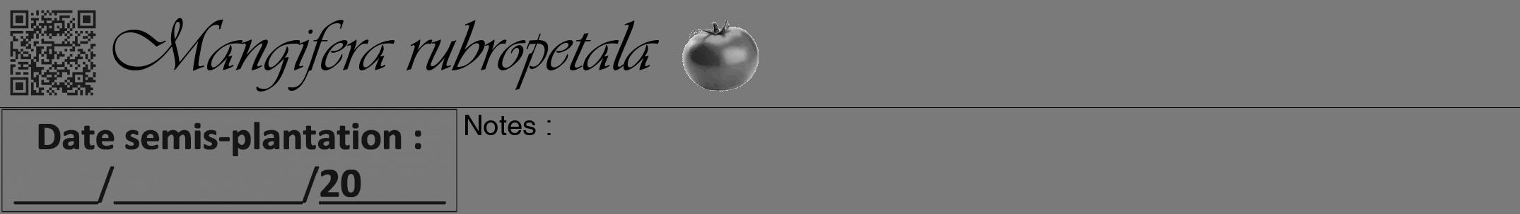 Étiquette de : Mangifera rubropetala - format a - style noire3simpleviv avec qrcode et comestibilité simplifiée