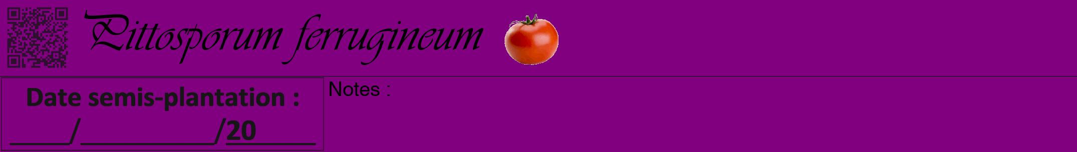 Étiquette de : Pittosporum ferrugineum - format a - style noire46viv avec qrcode et comestibilité simplifiée