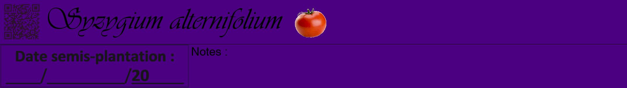 Étiquette de : Syzygium alternifolium - format a - style noire47viv avec qrcode et comestibilité simplifiée