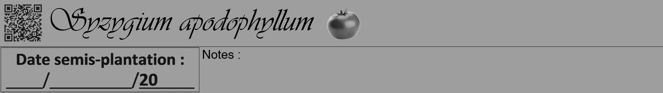 Étiquette de : Syzygium apodophyllum - format a - style noire42viv avec qrcode et comestibilité simplifiée