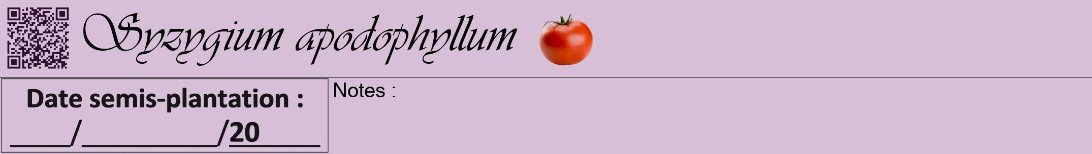 Étiquette de : Syzygium apodophyllum - format a - style noire54viv avec qrcode et comestibilité simplifiée