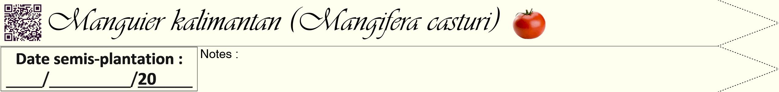 Étiquette de : Mangifera casturi - format b - style noire19viv avec qrcode et comestibilité simplifiée