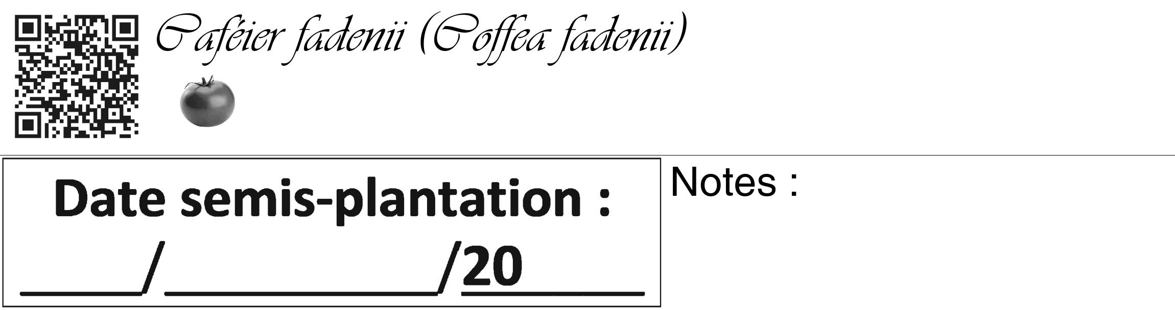 Étiquette de : Coffea fadenii - format c - style noire60_basique_basiqueviv avec qrcode et comestibilité simplifiée
