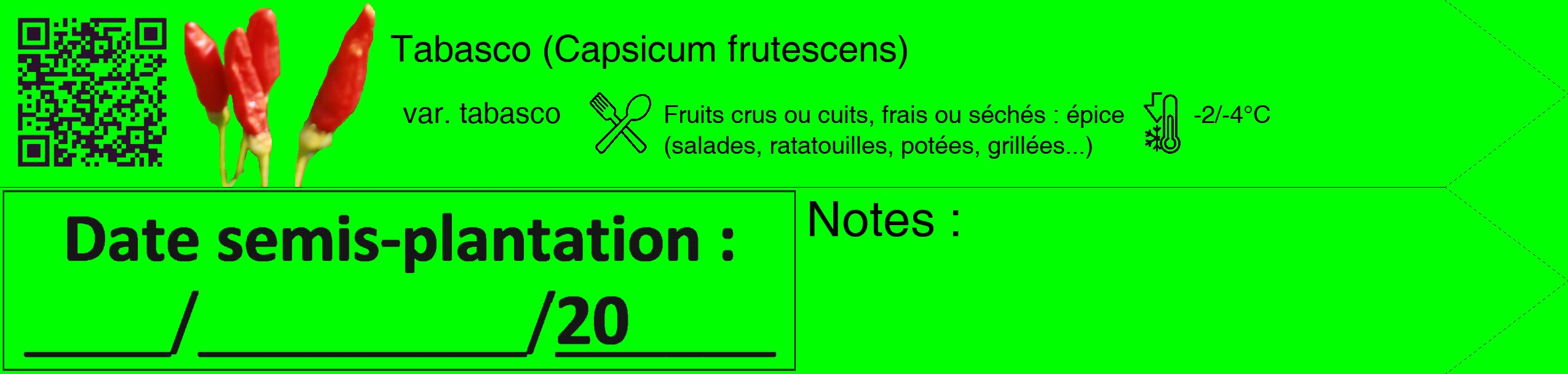 Étiquette de : Capsicum frutescens var. tabasco - format c - style noire16_simple_simplehel avec qrcode et comestibilité simplifiée
