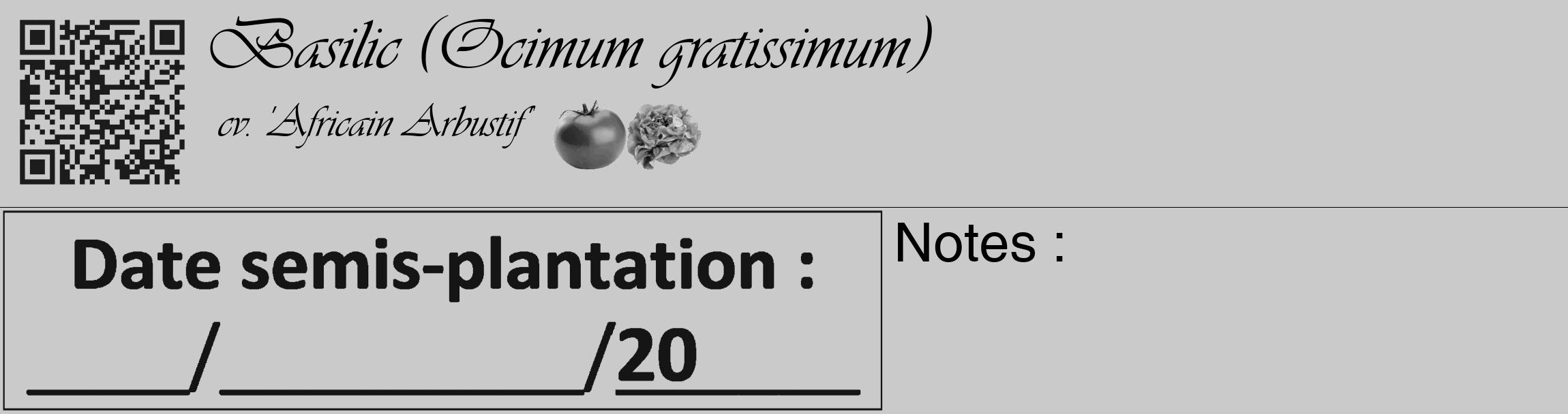 Étiquette de : Ocimum gratissimum cv. 'Africain Arbustif' - format c - style noire21_basique_basiqueviv avec qrcode et comestibilité simplifiée