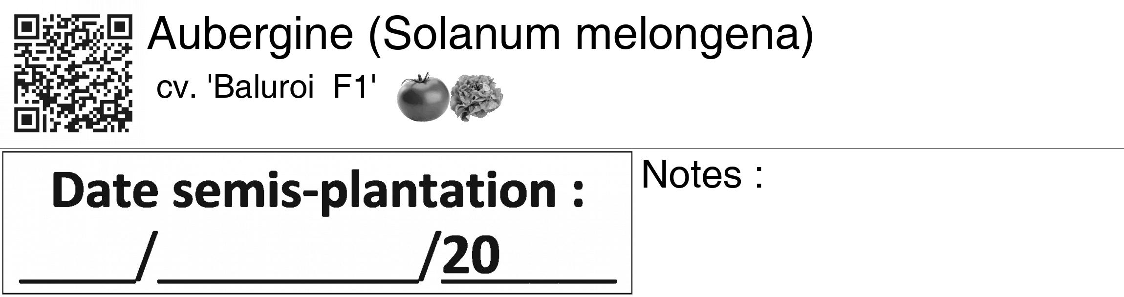 Étiquette de : Solanum melongena cv. 'Baluroi  F1' - format c - style noire60_basiquegrrvhel avec qrcode et comestibilité simplifiée