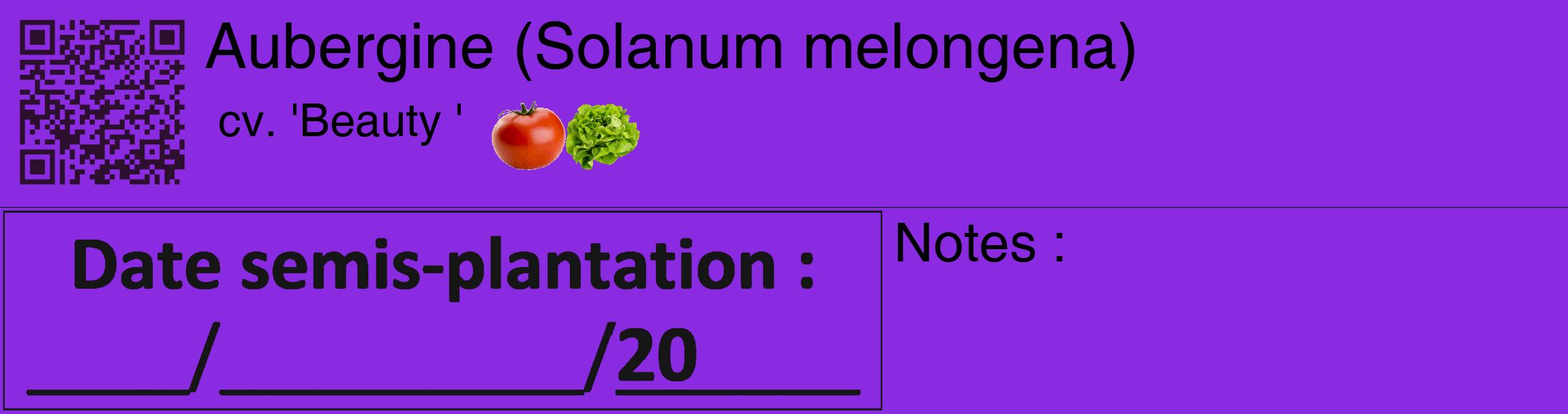 Étiquette de : Solanum melongena cv. 'Beauty ' - format c - style noire49_basique_basiquehel avec qrcode et comestibilité simplifiée