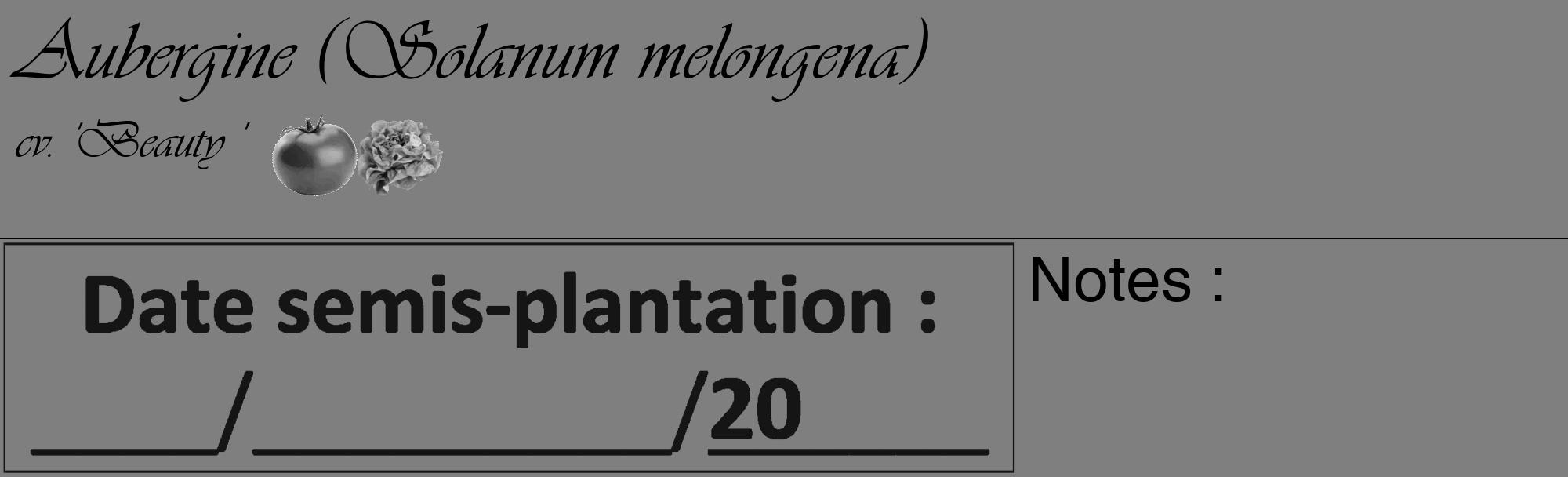 Étiquette de : Solanum melongena cv. 'Beauty ' - format c - style noire31_basique_basiqueviv avec comestibilité simplifiée