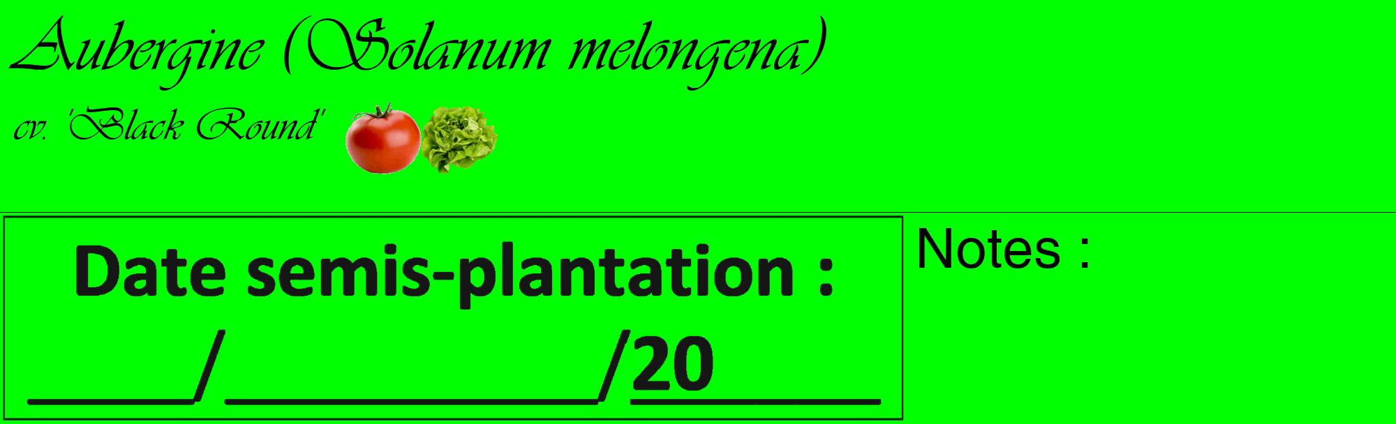 Étiquette de : Solanum melongena cv. 'Black Round' - format c - style noire16basique_basique_basiqueviv avec comestibilité simplifiée