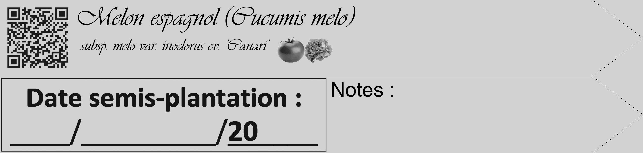 Étiquette de : Cucumis melo subsp. melo var. inodorus cv. 'Canari' - format c - style noire14simple_basique_basiqueviv avec qrcode et comestibilité simplifiée