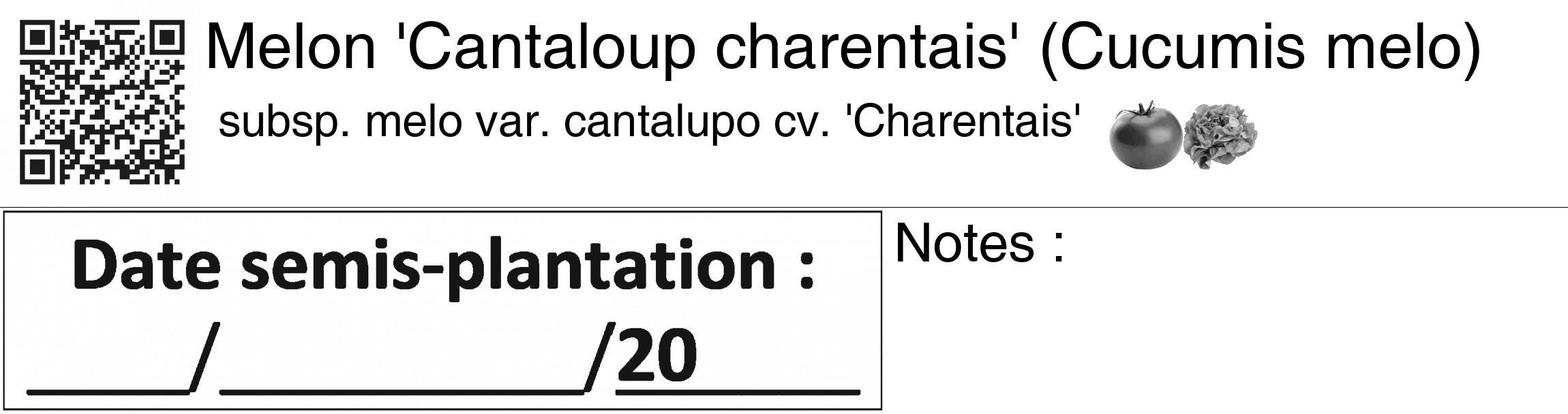 Étiquette de : Cucumis melo subsp. melo var. cantalupo cv. 'Charentais' - format c - style noire60_basiquegrrvhel avec qrcode et comestibilité simplifiée