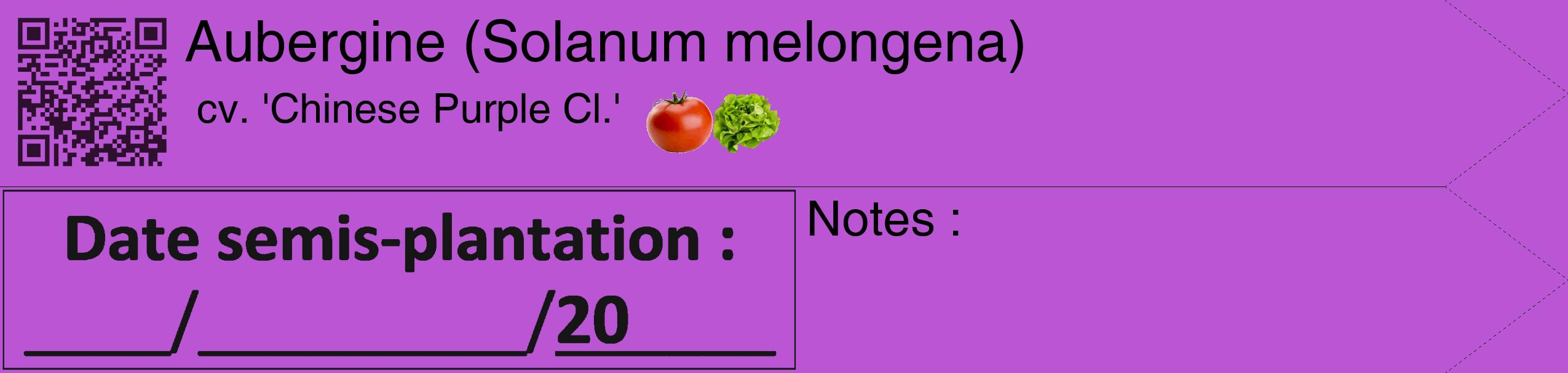 Étiquette de : Solanum melongena cv. 'Chinese Purple Cl.' - format c - style noire50_simple_simplehel avec qrcode et comestibilité simplifiée