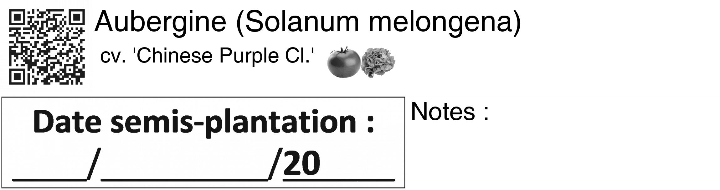 Étiquette de : Solanum melongena cv. 'Chinese Purple Cl.' - format c - style noire60_basiquegrrvhel avec qrcode et comestibilité simplifiée