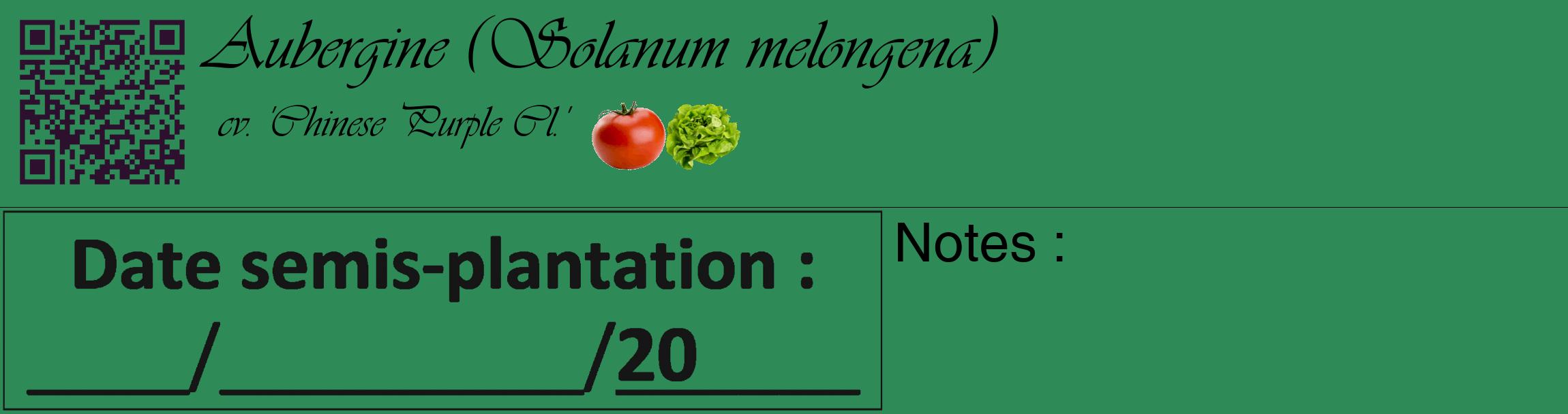 Étiquette de : Solanum melongena cv. 'Chinese Purple Cl.' - format c - style noire11_basique_basiqueviv avec qrcode et comestibilité simplifiée