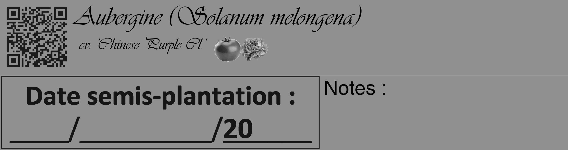 Étiquette de : Solanum melongena cv. 'Chinese Purple Cl.' - format c - style noire4basique_basique_basiqueviv avec qrcode et comestibilité simplifiée