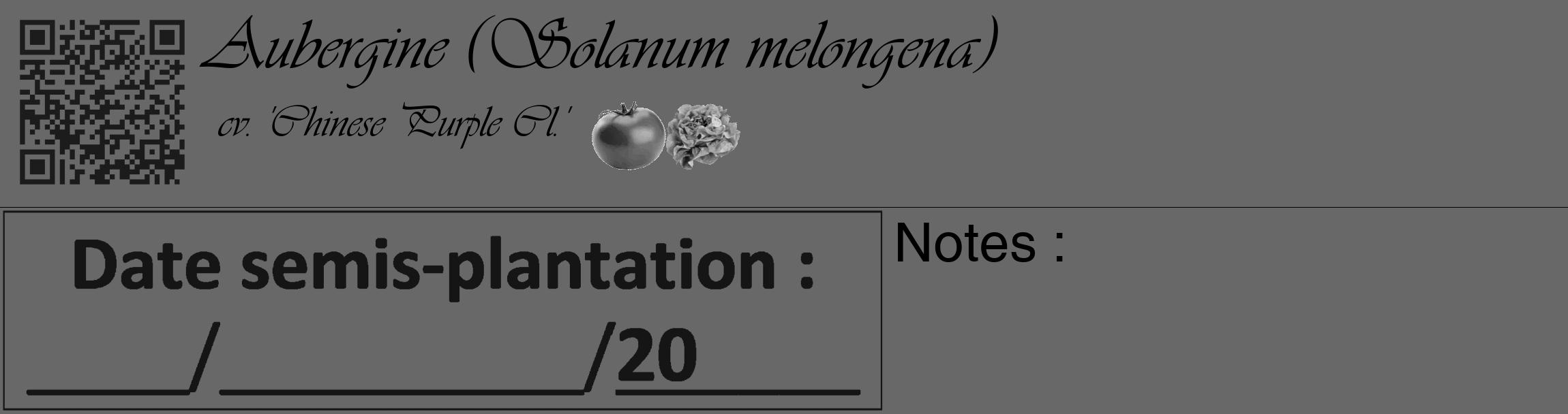 Étiquette de : Solanum melongena cv. 'Chinese Purple Cl.' - format c - style noire6_basique_basiqueviv avec qrcode et comestibilité simplifiée