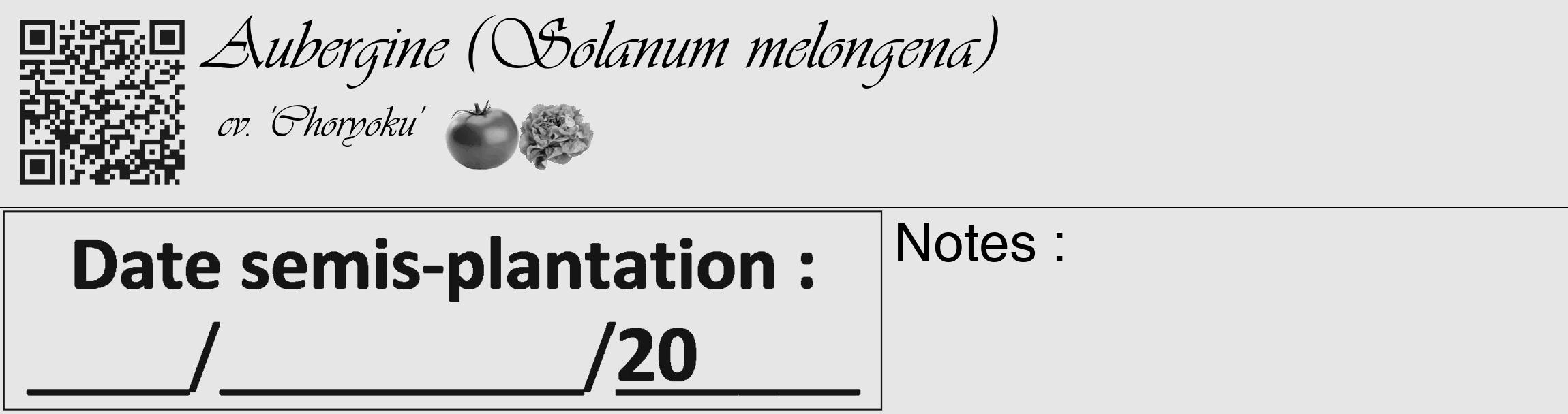 Étiquette de : Solanum melongena cv. 'Choryoku' - format c - style noire18_basique_basiqueviv avec qrcode et comestibilité simplifiée