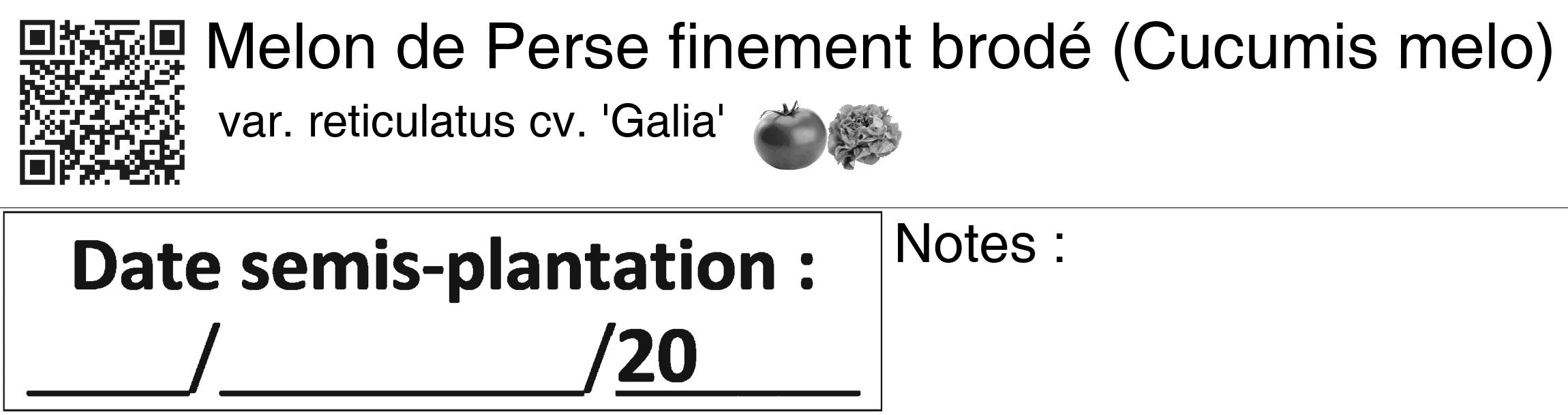Étiquette de : Cucumis melo var. reticulatus cv. 'Galia' - format c - style noire60_basiquegrrvhel avec qrcode et comestibilité simplifiée
