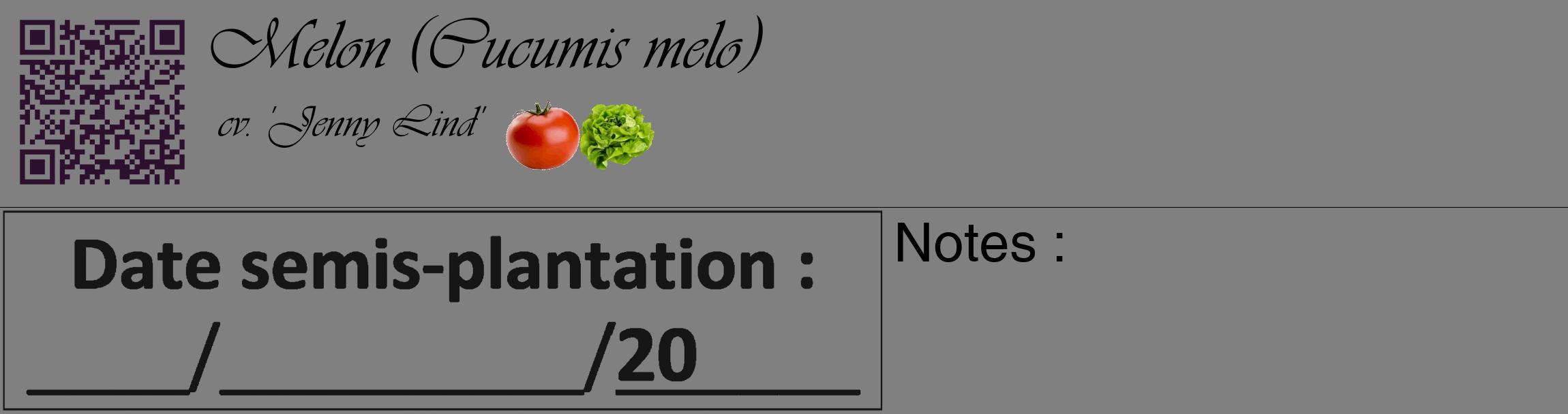 Étiquette de : Cucumis melo cv. 'Jenny Lind' - format c - style noire57_basique_basiqueviv avec qrcode et comestibilité simplifiée