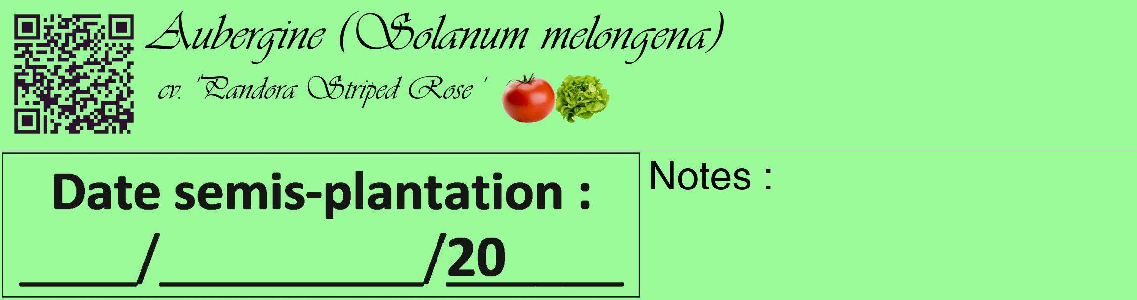 Étiquette de : Solanum melongena cv. 'Pandora Striped Rose ' - format c - style noire14basique_basique_basiqueviv avec qrcode et comestibilité simplifiée