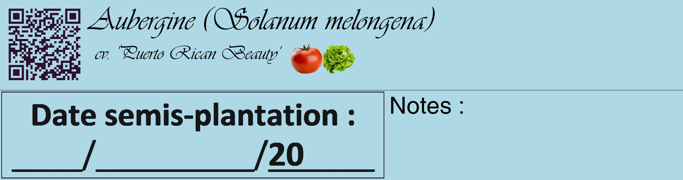 Étiquette de : Solanum melongena cv. 'Puerto Rican Beauty' - format c - style noire0_basique_basiqueviv avec qrcode et comestibilité simplifiée
