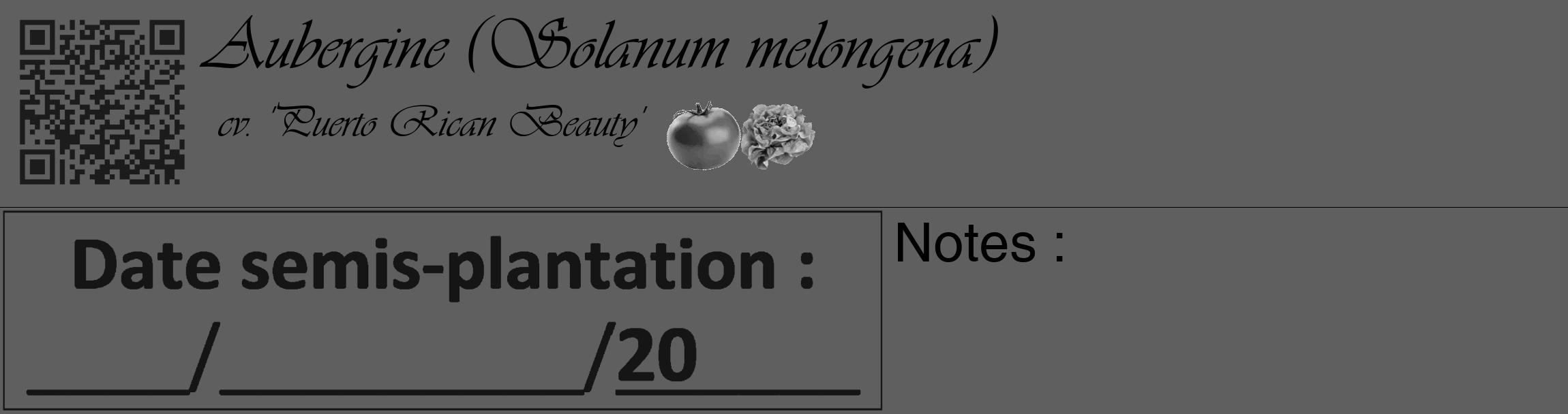 Étiquette de : Solanum melongena cv. 'Puerto Rican Beauty' - format c - style noire10basique_basique_basiqueviv avec qrcode et comestibilité simplifiée
