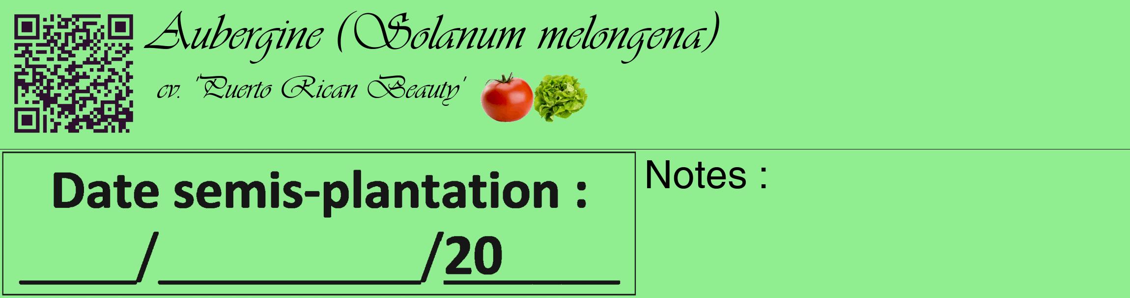 Étiquette de : Solanum melongena cv. 'Puerto Rican Beauty' - format c - style noire15_basique_basiqueviv avec qrcode et comestibilité simplifiée