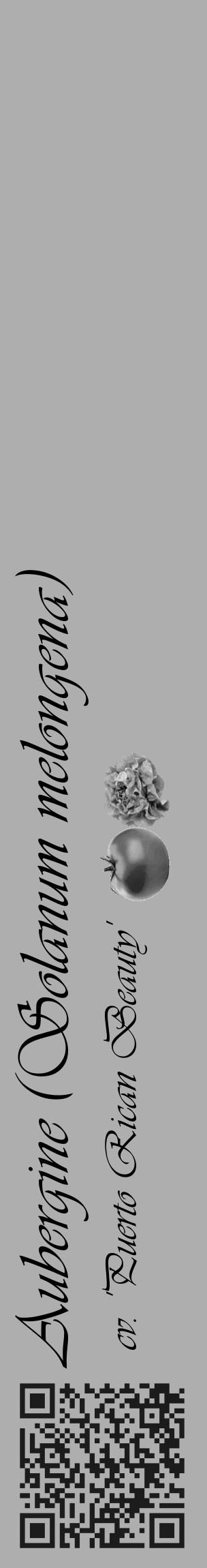 Étiquette de : Solanum melongena cv. 'Puerto Rican Beauty' - format c - style noire53_basique_basiqueviv avec qrcode et comestibilité simplifiée - position verticale