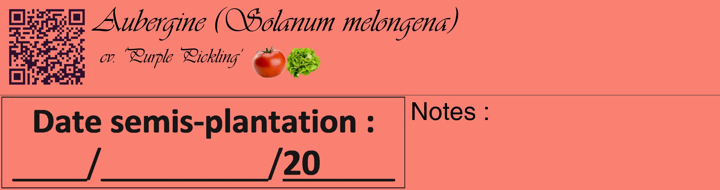 Étiquette de : Solanum melongena cv. 'Purple Pickling' - format c - style noire38_basique_basiqueviv avec qrcode et comestibilité simplifiée
