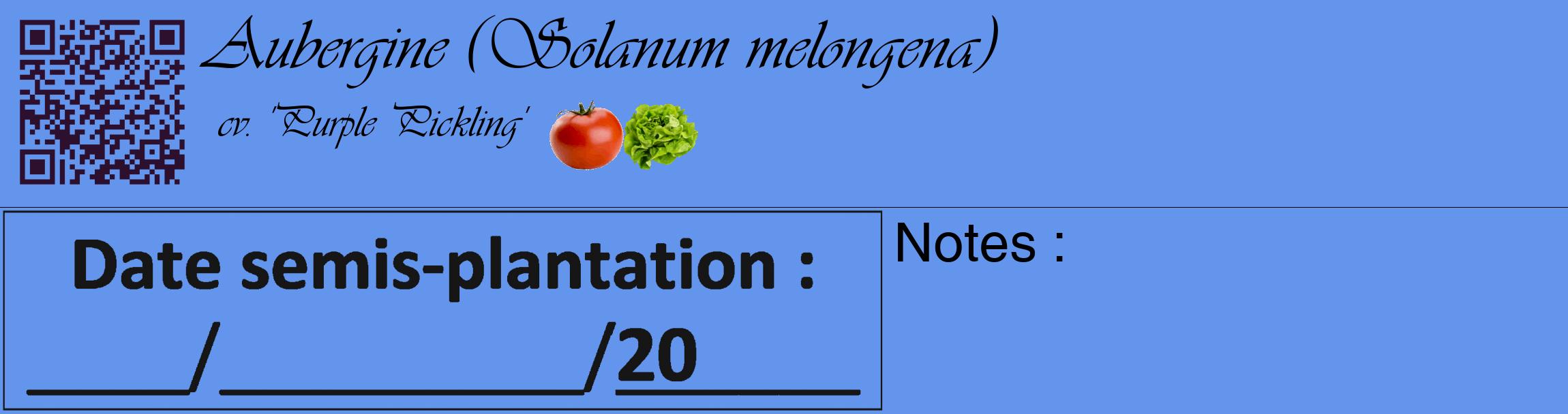 Étiquette de : Solanum melongena cv. 'Purple Pickling' - format c - style noire4_basique_basiqueviv avec qrcode et comestibilité simplifiée