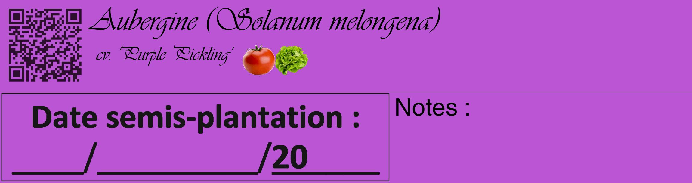 Étiquette de : Solanum melongena cv. 'Purple Pickling' - format c - style noire50_basique_basiqueviv avec qrcode et comestibilité simplifiée