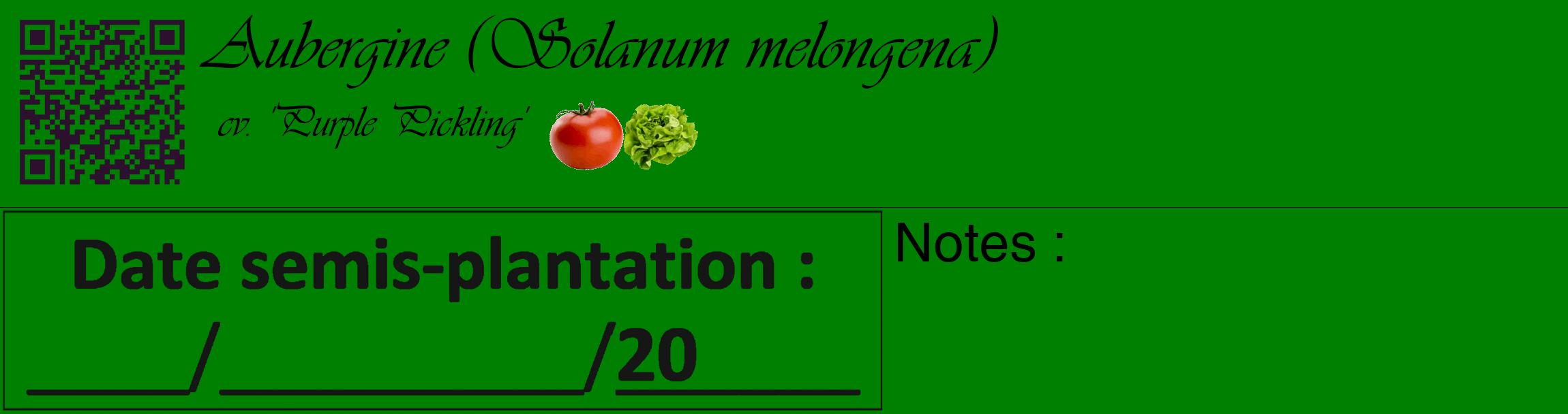 Étiquette de : Solanum melongena cv. 'Purple Pickling' - format c - style noire9_basique_basiqueviv avec qrcode et comestibilité simplifiée