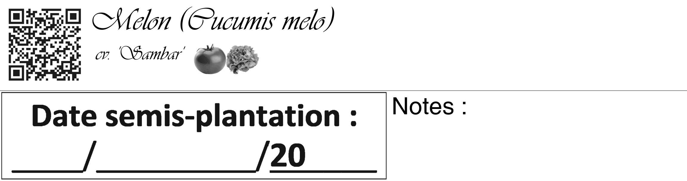 Étiquette de : Cucumis melo cv. 'Sambar' - format c - style noire60_basique_basiqueviv avec qrcode et comestibilité simplifiée