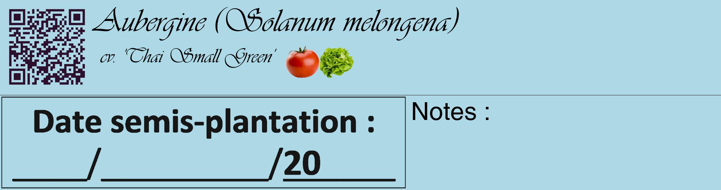 Étiquette de : Solanum melongena cv. 'Thai Small Green' - format c - style noire0_basique_basiqueviv avec qrcode et comestibilité simplifiée