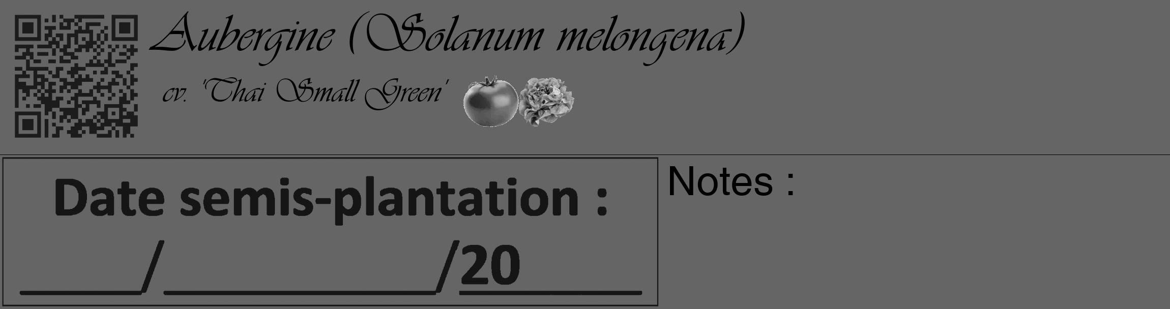 Étiquette de : Solanum melongena cv. 'Thai Small Green' - format c - style noire32_basique_basiqueviv avec qrcode et comestibilité simplifiée