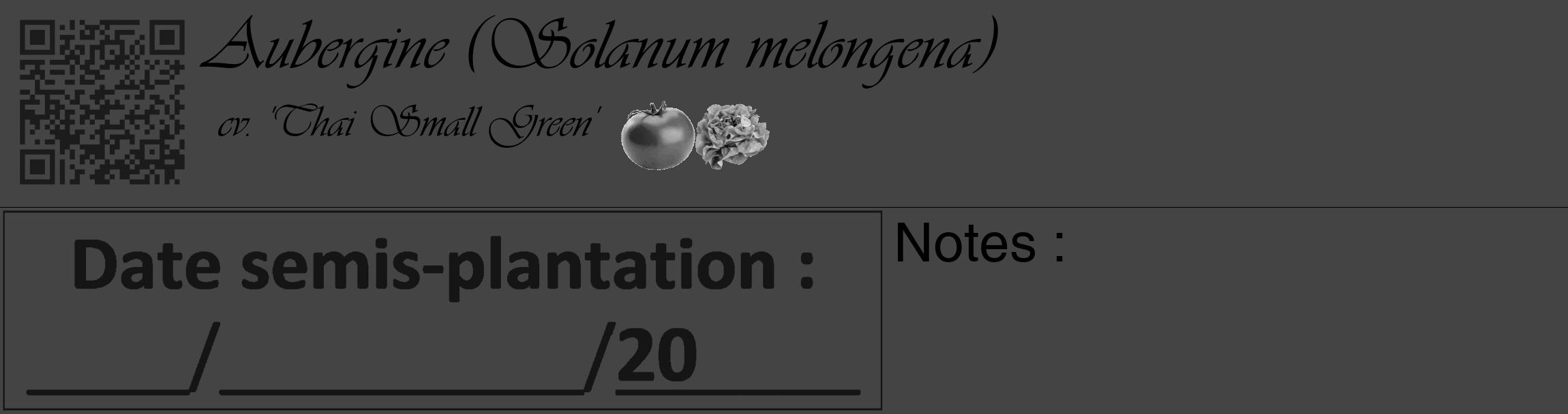 Étiquette de : Solanum melongena cv. 'Thai Small Green' - format c - style noire48_basique_basiqueviv avec qrcode et comestibilité simplifiée