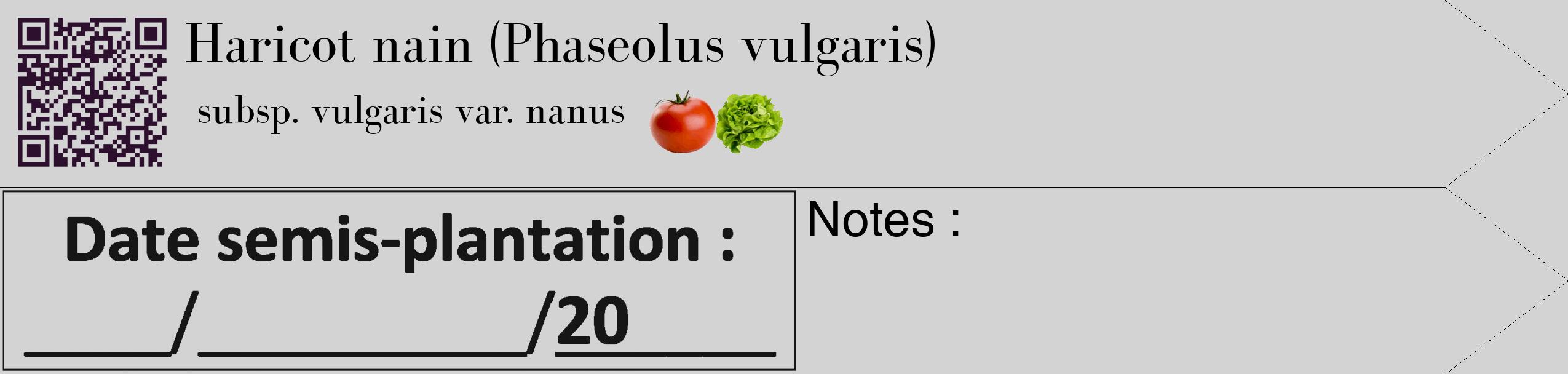 Étiquette de : Phaseolus vulgaris subsp. vulgaris var. nanus - format c - style noire56_simple_simplebod avec qrcode et comestibilité simplifiée