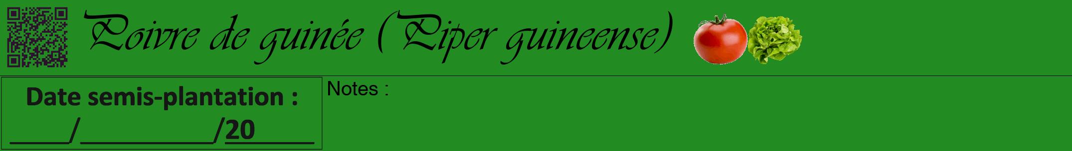 Étiquette de : Piper guineense - format a - style noire10viv avec qrcode et comestibilité simplifiée