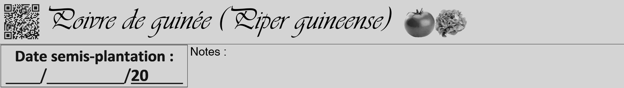 Étiquette de : Piper guineense - format a - style noire40viv avec qrcode et comestibilité simplifiée