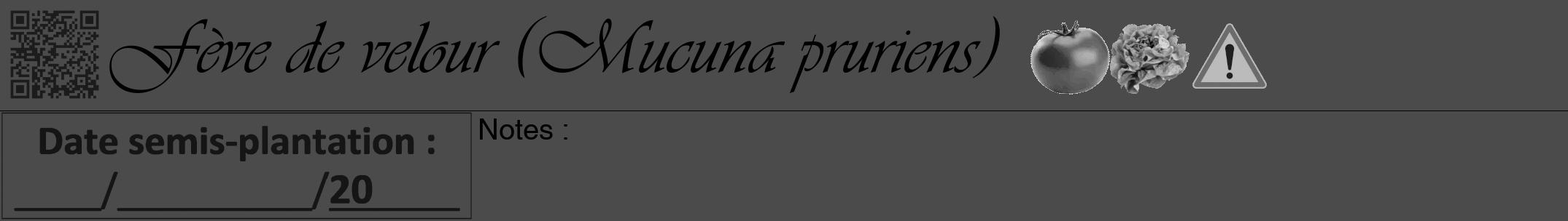 Étiquette de : Mucuna pruriens - format a - style noire9viv avec qrcode et comestibilité simplifiée