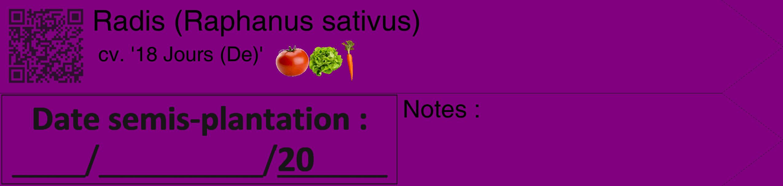 Étiquette de : Raphanus sativus cv. '18 Jours (De)' - format c - style noire46_simple_simplehel avec qrcode et comestibilité simplifiée