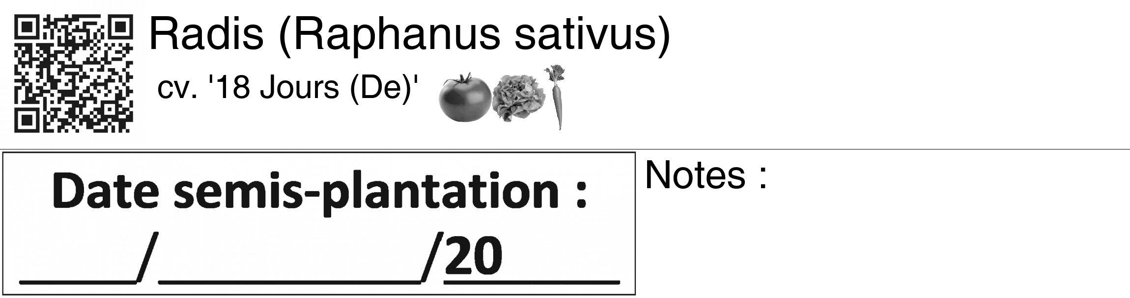 Étiquette de : Raphanus sativus cv. '18 Jours (De)' - format c - style noire60_basiquegrrvhel avec qrcode et comestibilité simplifiée
