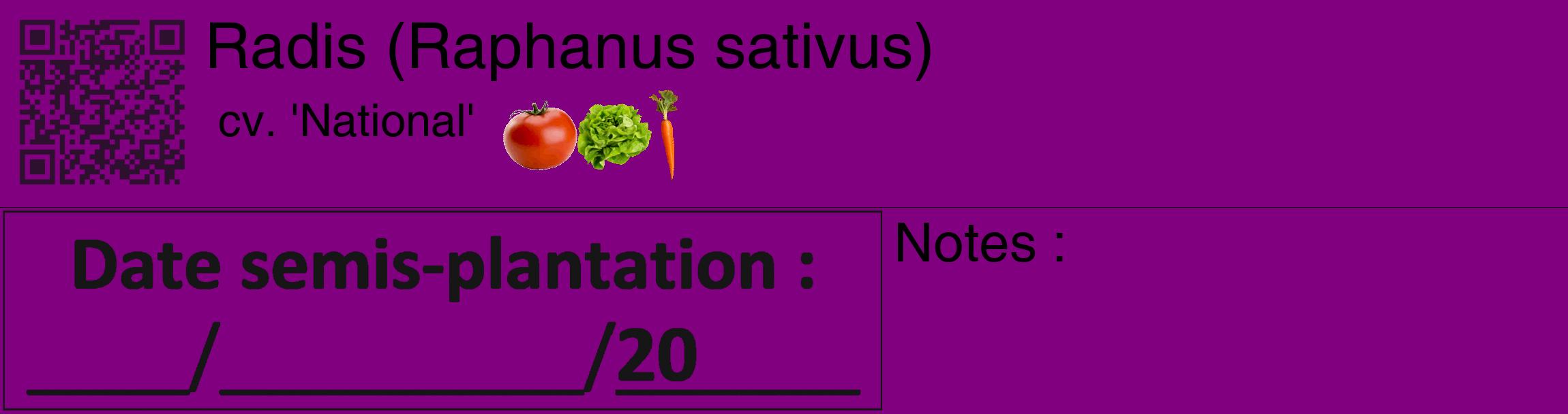 Étiquette de : Raphanus sativus cv. 'National' - format c - style noire46_basique_basiquehel avec qrcode et comestibilité simplifiée