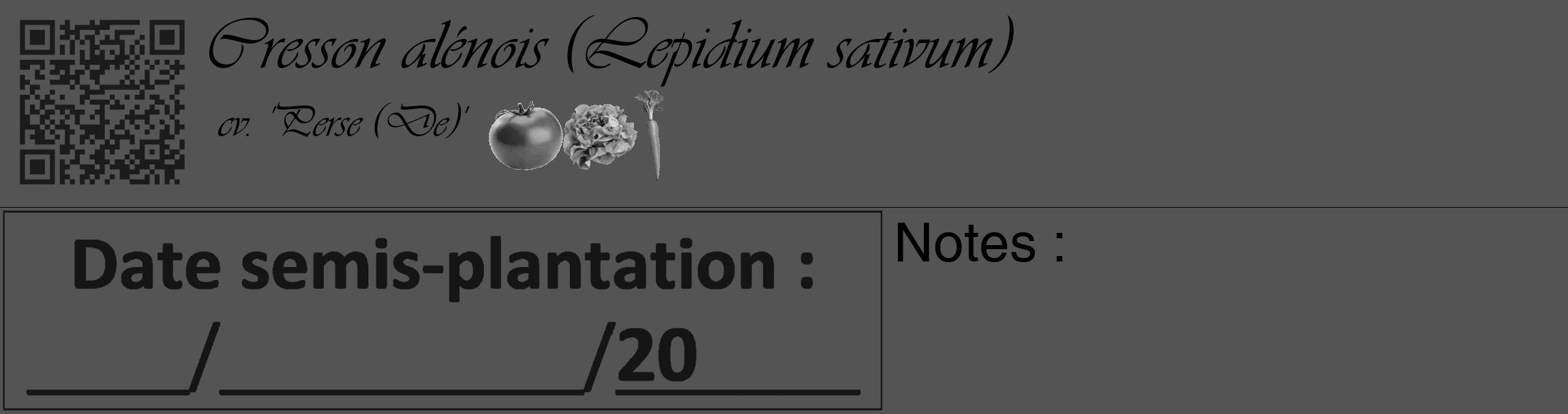 Étiquette de : Lepidium sativum cv. 'Perse (De)' - format c - style noire30_basique_basiqueviv avec qrcode et comestibilité simplifiée