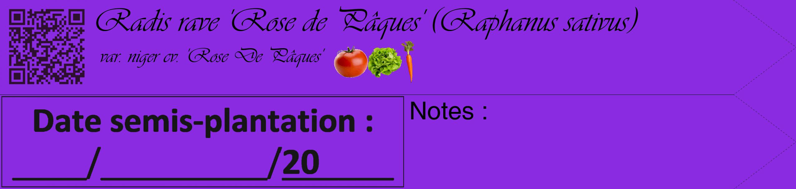 Étiquette de : Raphanus sativus var. niger cv. 'Rose De Pâques' - format c - style noire49simple_basique_basiqueviv avec qrcode et comestibilité simplifiée