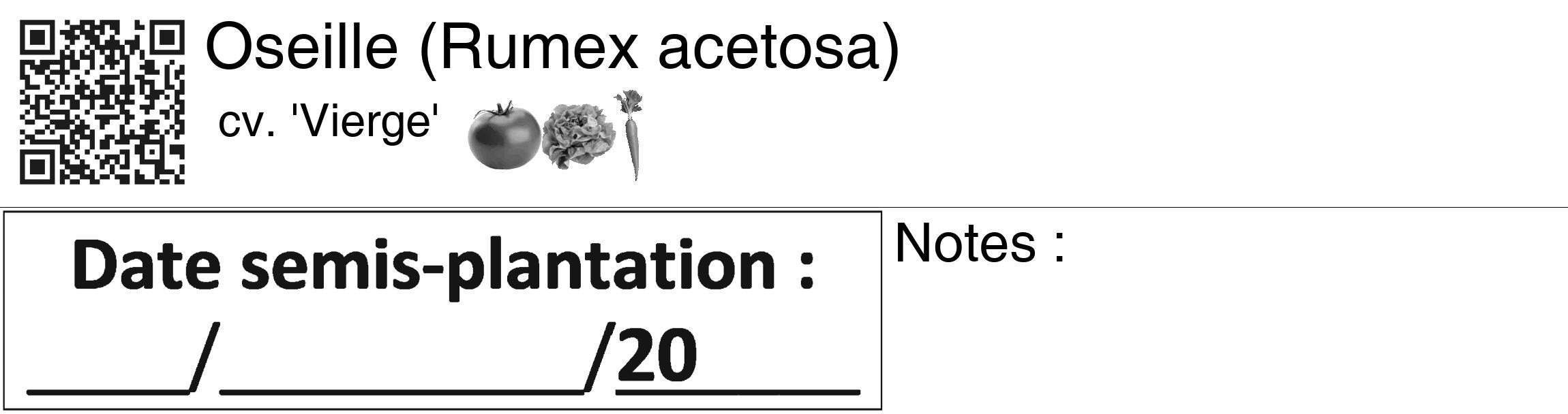 Étiquette de : Rumex acetosa cv. 'Vierge' - format c - style noire60_basiquegrrvhel avec qrcode et comestibilité simplifiée
