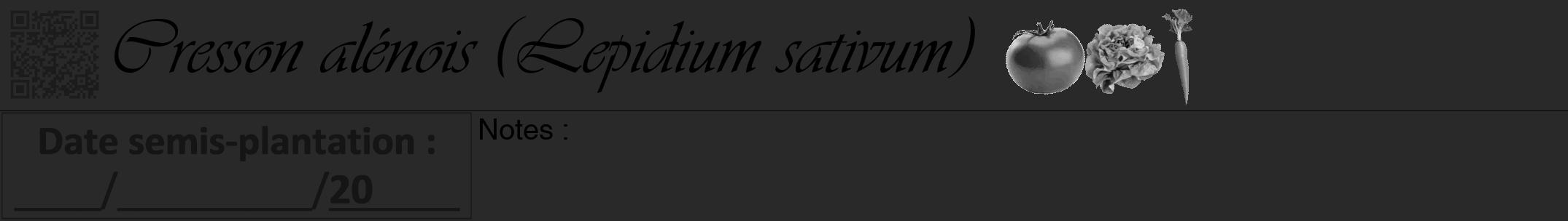 Étiquette de : Lepidium sativum - format a - style noire34viv avec qrcode et comestibilité simplifiée