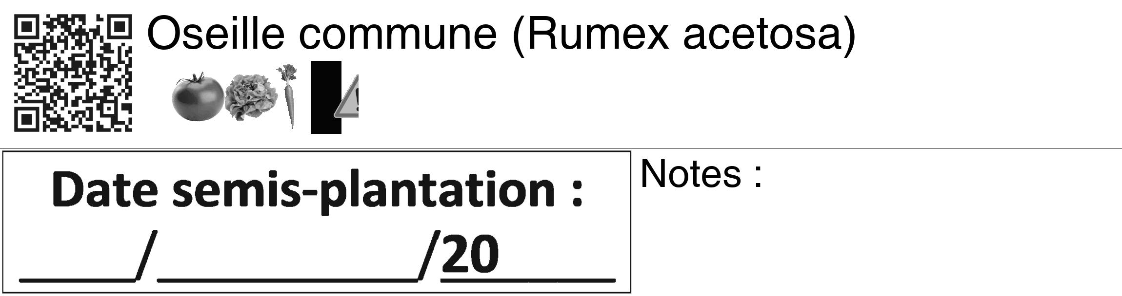 Étiquette de : Rumex acetosa - format c - style noire60_basiquegrrvhel avec qrcode et comestibilité simplifiée