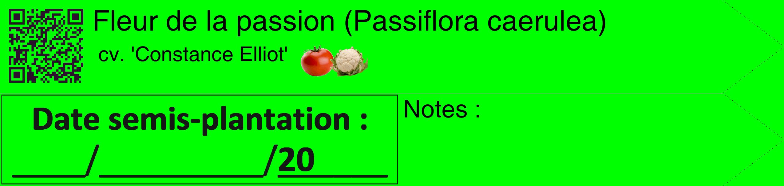 Étiquette de : Passiflora caerulea cv. 'Constance Elliot' - format c - style noire16_simple_simplehel avec qrcode et comestibilité simplifiée